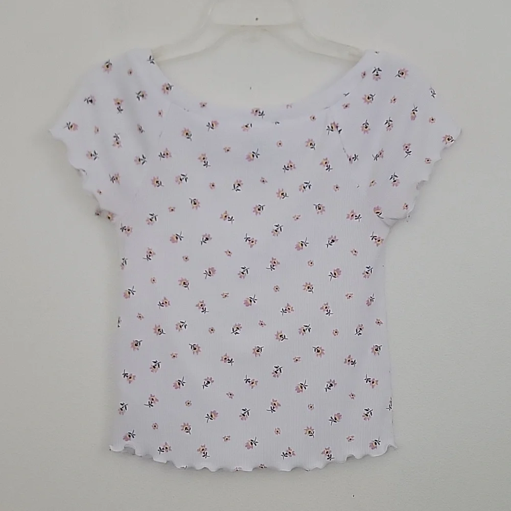 Justice White Floral Print Short Sleeve Top Girls 12